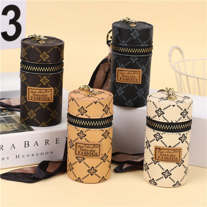 creative bucket coin purse vintage printed mini lipstick key storage car key chain pendant