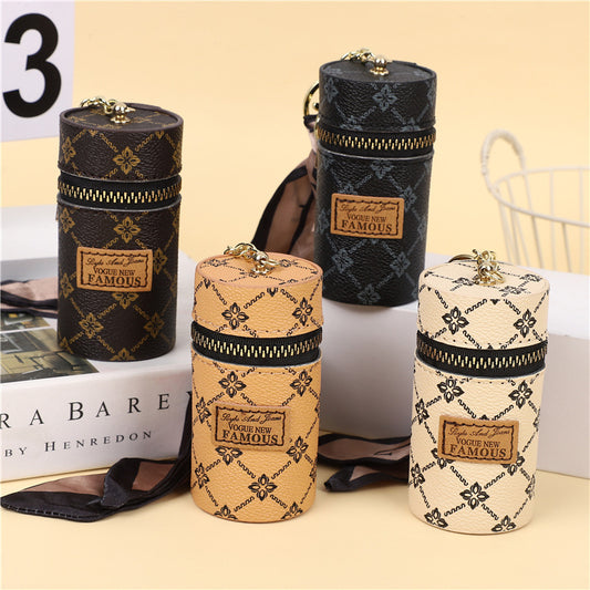 creative bucket coin purse vintage printed mini lipstick key storage car key chain pendant