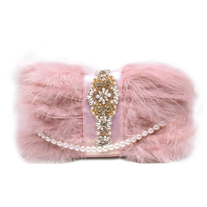 pearl chain diamond studded fur dinner plush bag