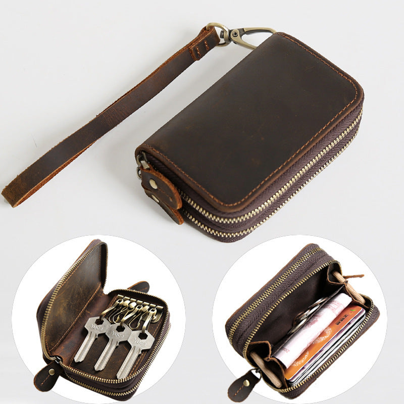 retro leather hand held short key bag