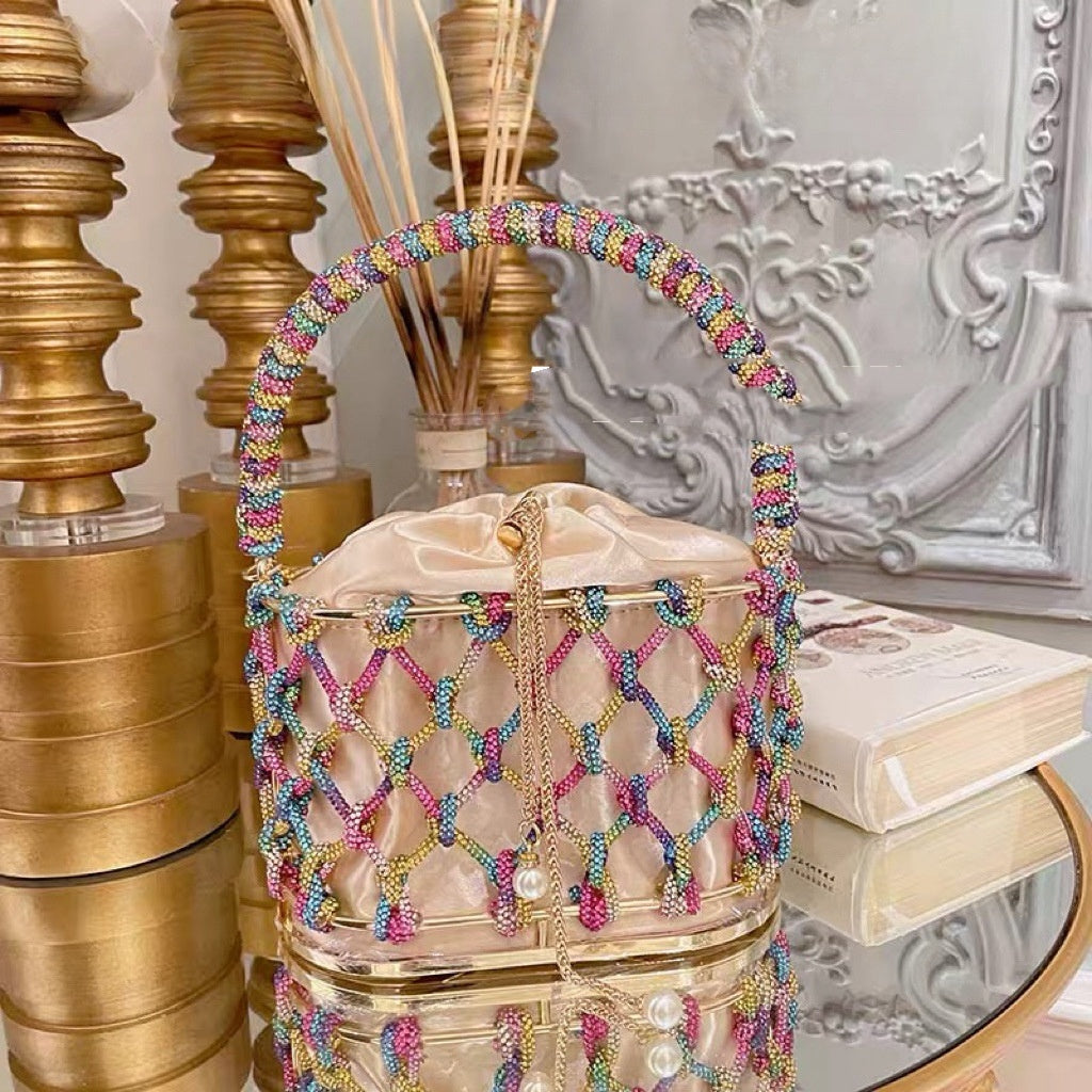 high grade heavy hand woven shiny rhinestone strip metal birdcage portable basket