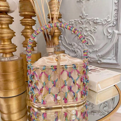 high grade heavy hand woven shiny rhinestone strip metal birdcage portable basket