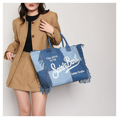 womens korean style letter tassel canvas bag with large capacity