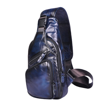 mens simple top layer cowhide chest bag