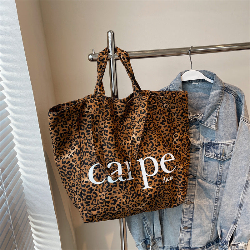 unique one shoulder leopard print large capacity canvas bag
