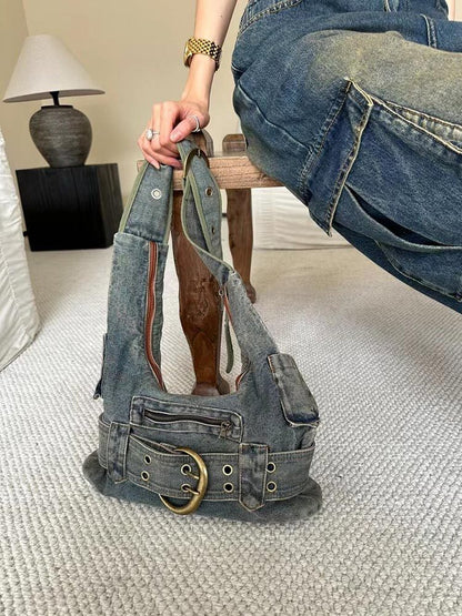 special interest design vintage washed denim shoulder bag