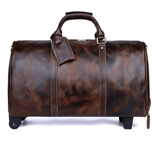 large capacity cowhide trolley travel bag