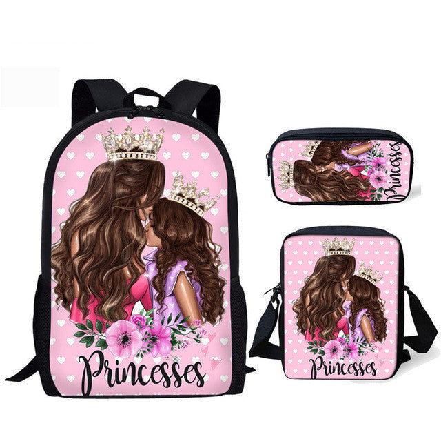 three piece printed student backpack diagonal bag