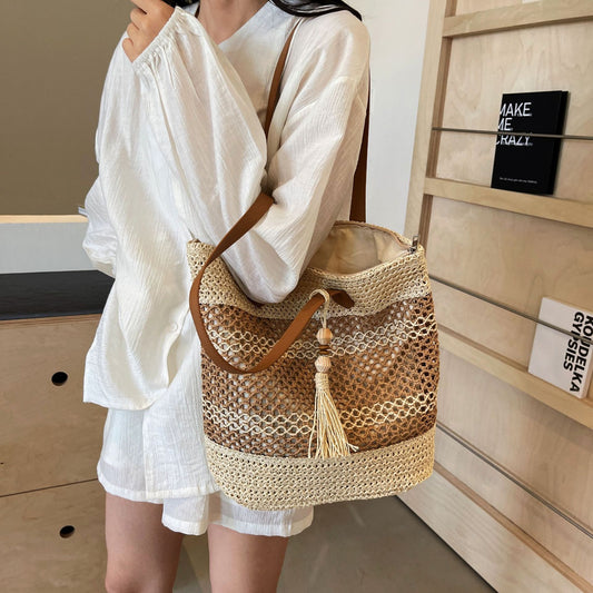 summer stripe straw sholder bags with tassel pendant fashion large capacity seaside vacation beach bags