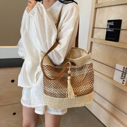 summer stripe straw sholder bags with tassel pendant fashion large capacity seaside vacation beach bags