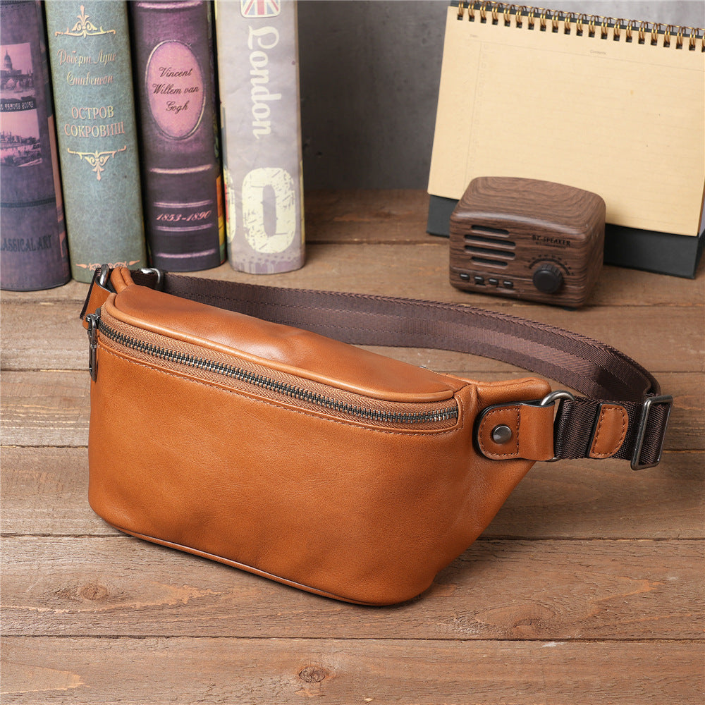 baotou layer cowhide phone belt large capacity sports crossbody chest bag