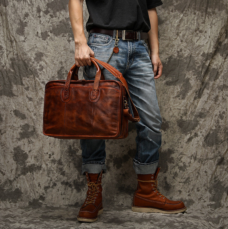 large capacity multifunctional vintage leather mens briefcase