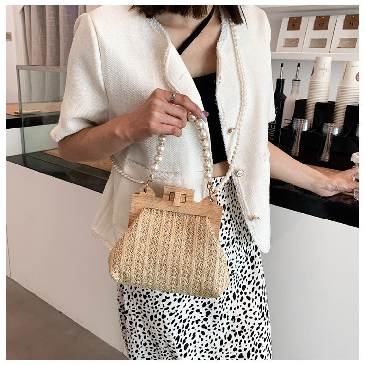 womens straw beach pearl chain woven shoulder bag