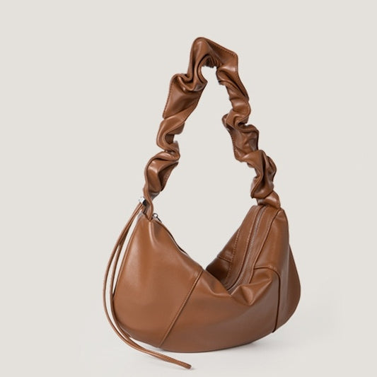 drawstring ruffle soft leather high grade large capacity underarm bag