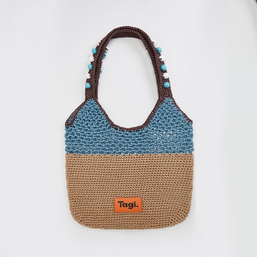 handmade string wooden bead portable commuters all matching contrast color one shoulder woven bag