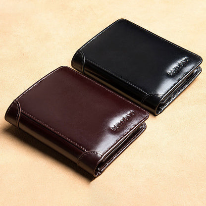 mens short matte leather tri fold vertical wallet