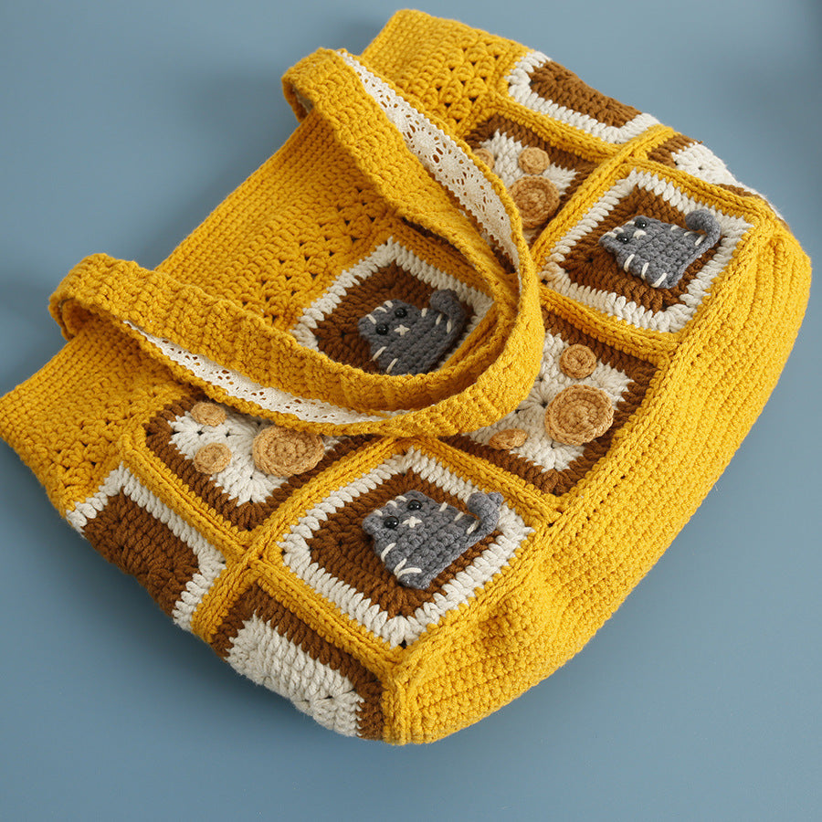 Kitten Handmade Wool Crocheted Square Shoulder Bag