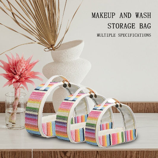 straw woven transparent pvc semicircle cosmetic bag waterproof rainbow woven toiletries storage bag