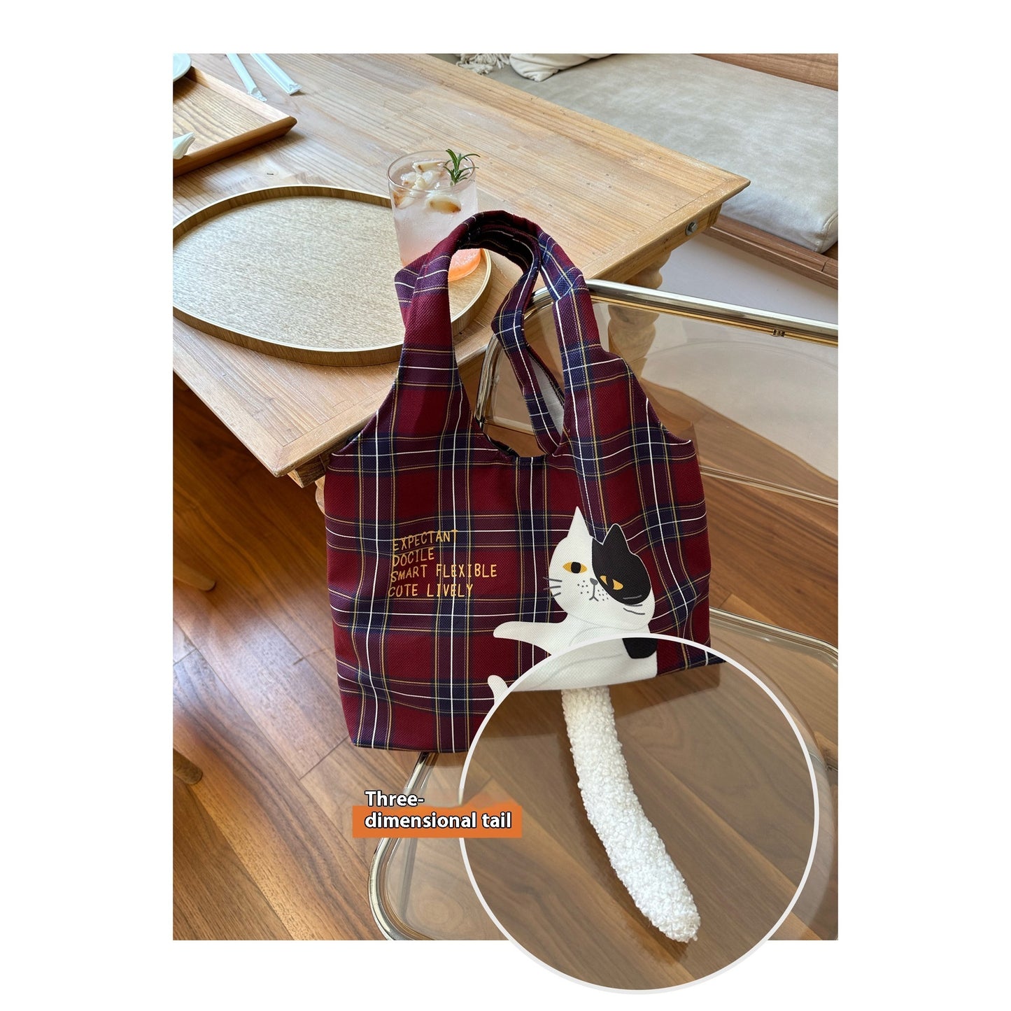 scottish plaid flocking cat printing handbag vintage