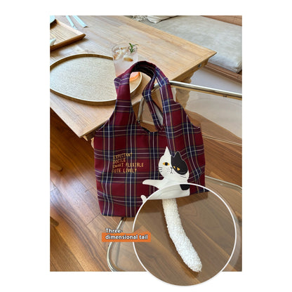 scottish plaid flocking cat printing handbag vintage