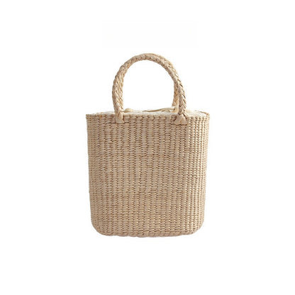 casual hand woven straw bag verticle square flower purple