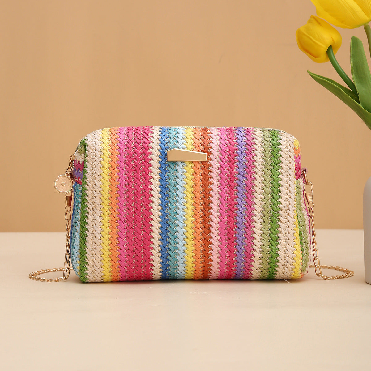 rainbow straw bag woven camera bag all match girls crossbody bag