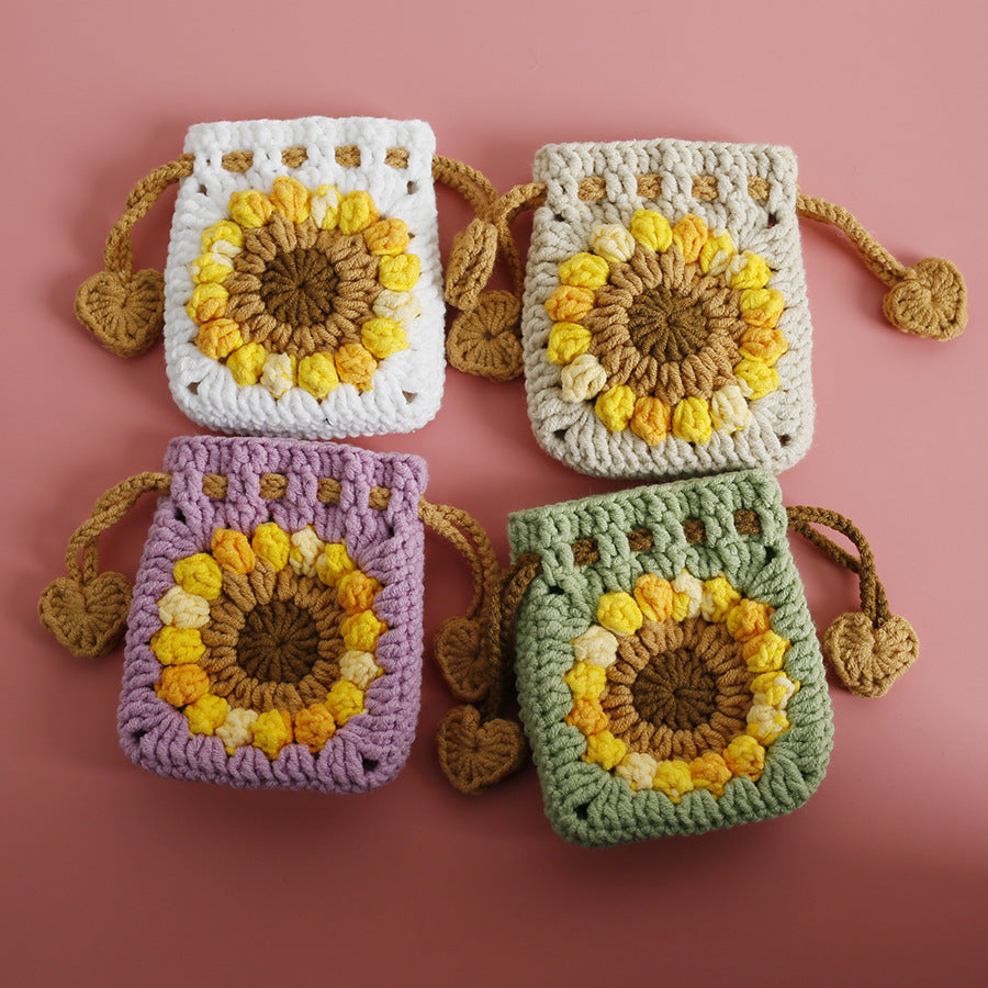 sweet sunflower hand woven mini drawstring coin purse