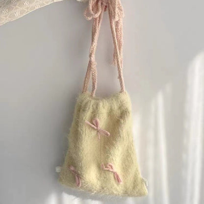 drawstring backpack bowknot furry cloth bag tender yellow ladies