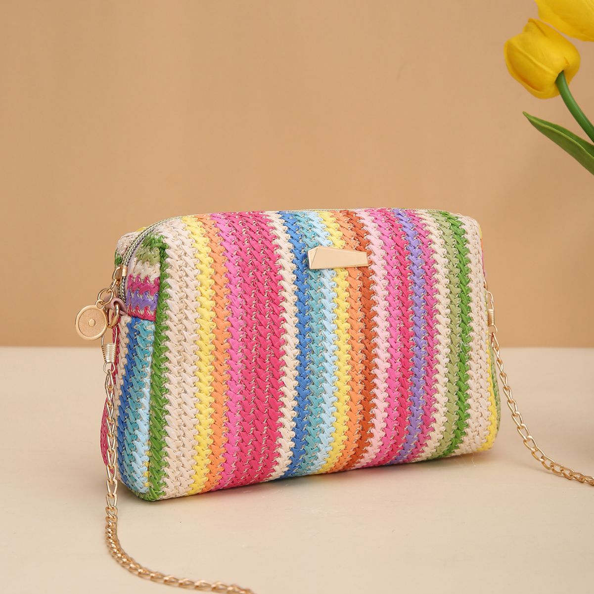 rainbow straw bag woven camera bag all match girls crossbody bag