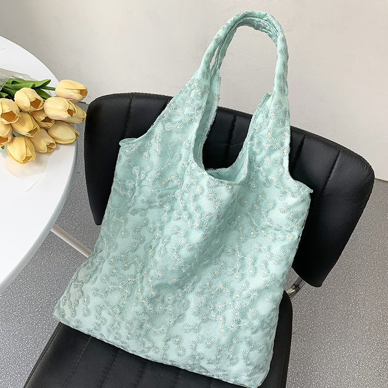 embroidery canvas minimalism flower laced one shoulder bag