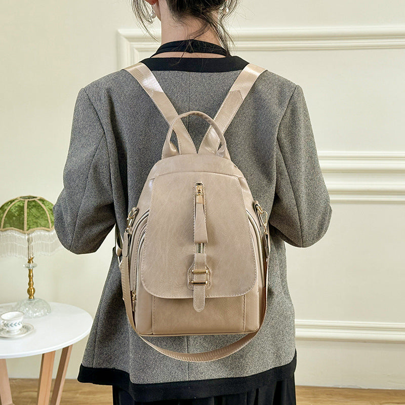 retro solid color outdoor casual mom bag soft leather large capacity backpack