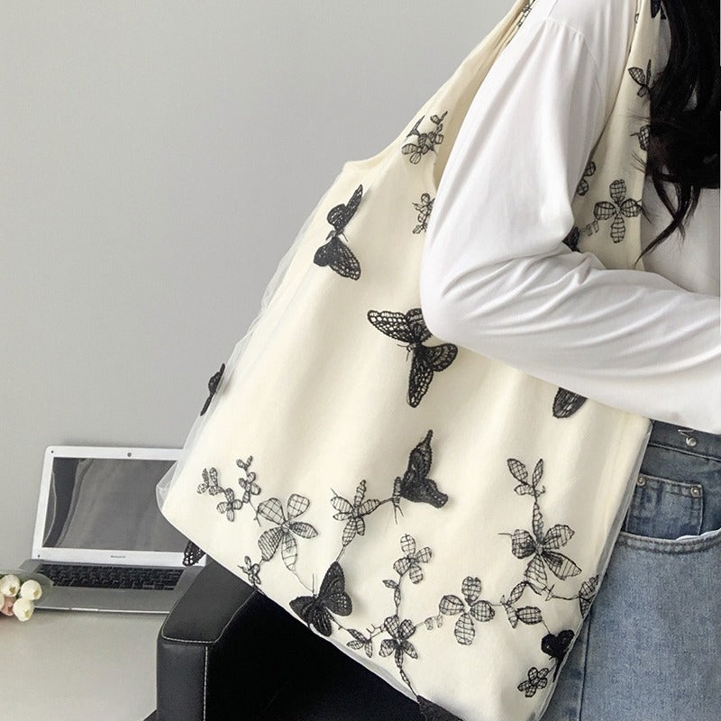 embroidered black butterfly canvas bag lace womens artistic