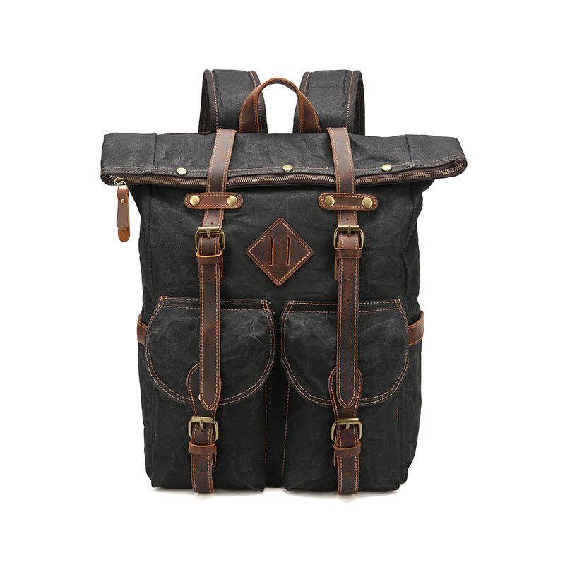 retro waterproof crazy horse leather canvas large capacity backpack