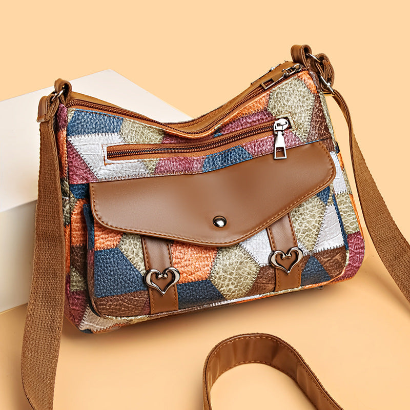 womens shoulder bag all match retro patchwork contrast color