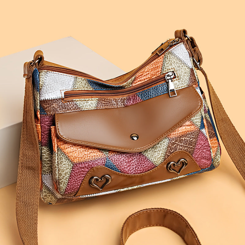 womens shoulder bag all match retro patchwork contrast color