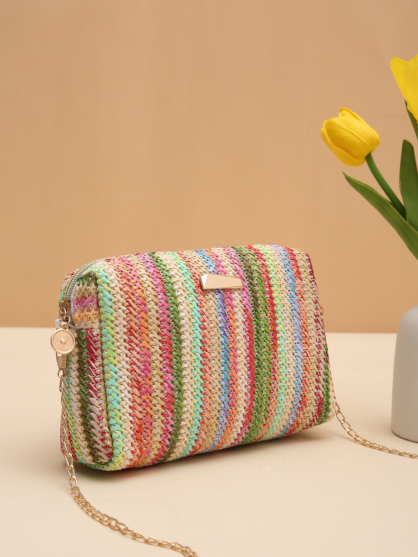 rainbow straw bag woven camera bag all match girls crossbody bag