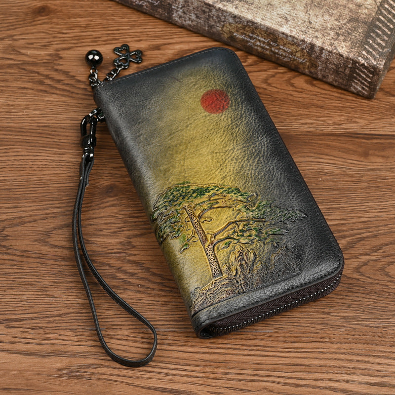 womens leather wallet long rising sun