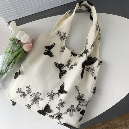 embroidered black butterfly canvas bag lace womens artistic