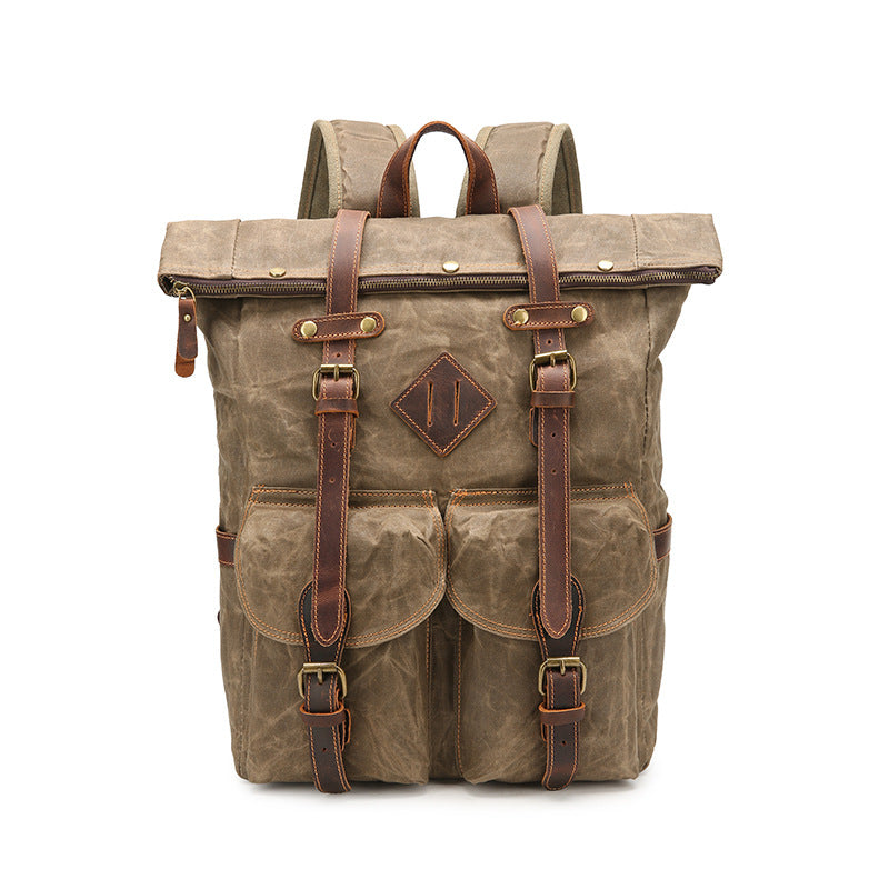 retro waterproof crazy horse leather canvas large capacity backpack