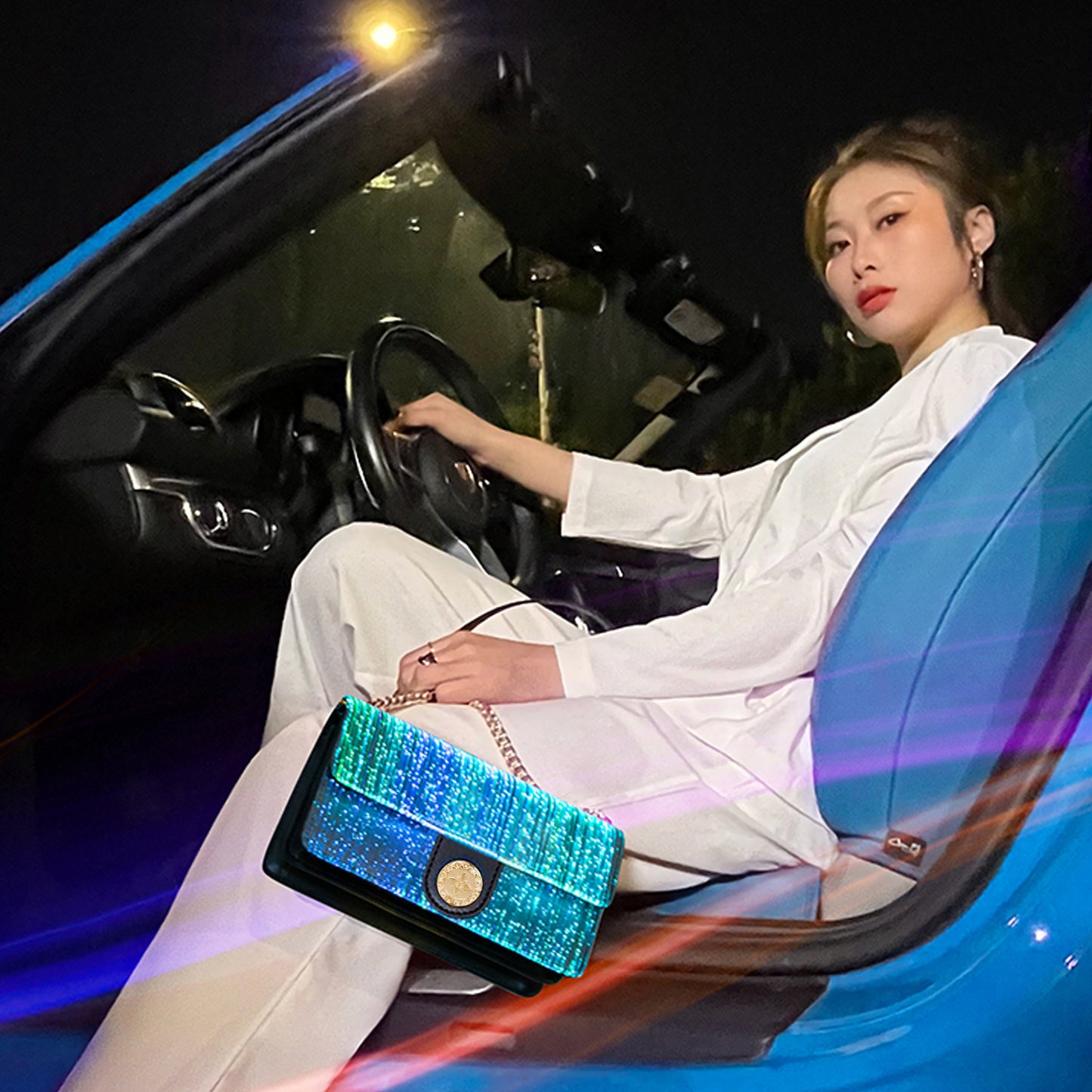 optical fiber leather luminous womens bag small square bag