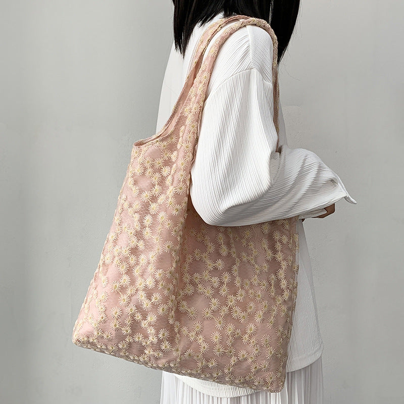 embroidery canvas minimalism flower laced one shoulder bag