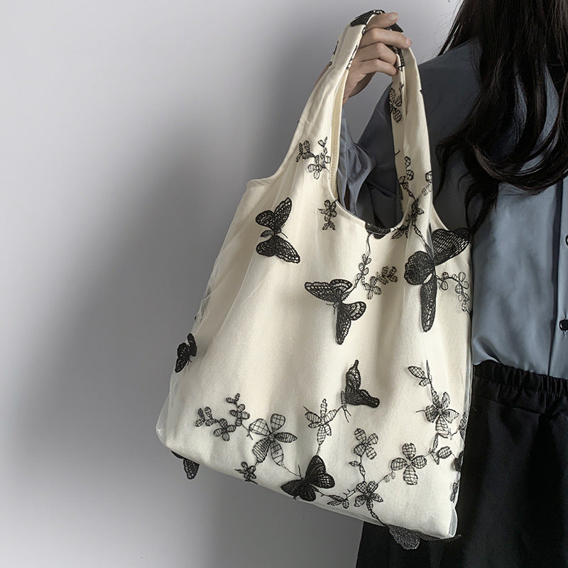 embroidered black butterfly canvas bag lace womens artistic