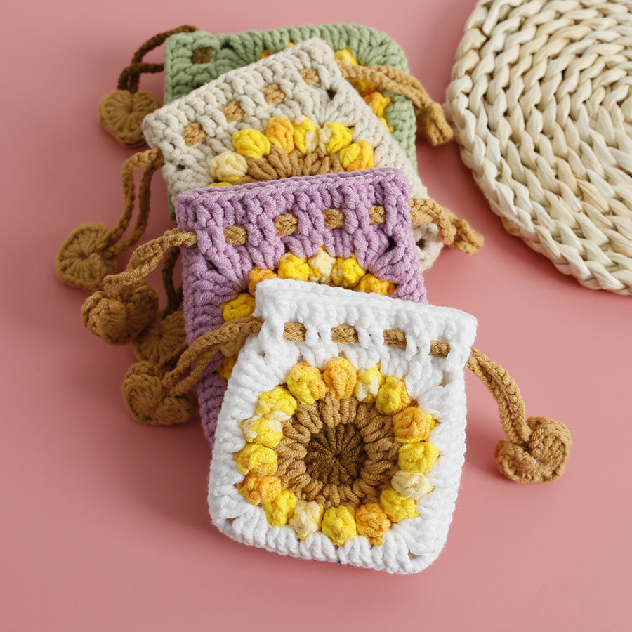 sweet sunflower hand woven mini drawstring coin purse