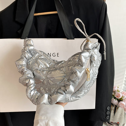 fashion one shoulder underarm bag shiny silver color cloud bag