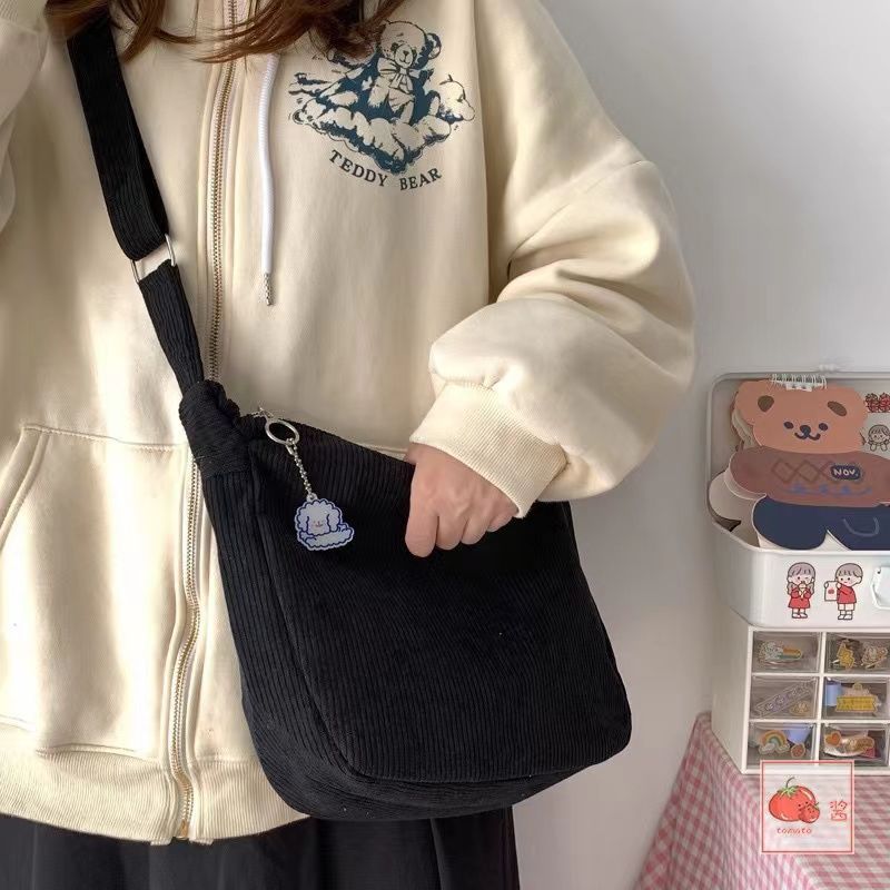 corduroy idle style all match japanese style artistic shoulder crossbody tote bag
