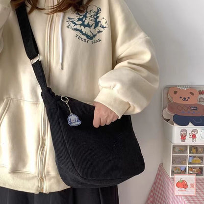 corduroy idle style all match japanese style artistic shoulder crossbody tote bag