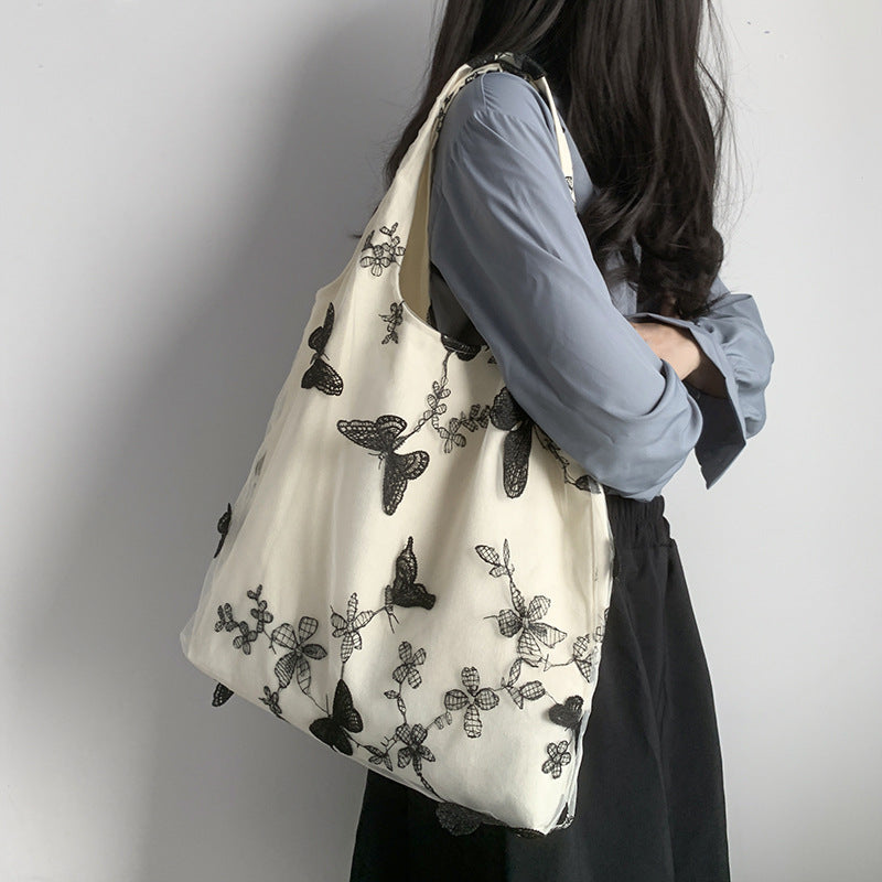 embroidered black butterfly canvas bag lace womens artistic