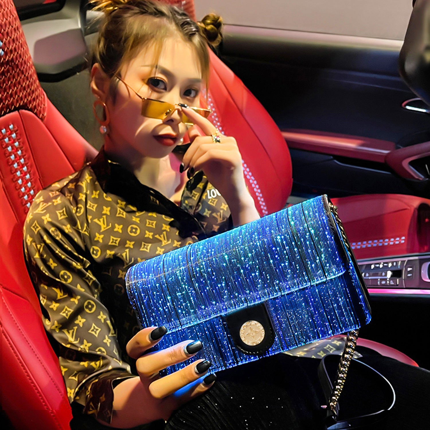 optical fiber leather luminous womens bag small square bag