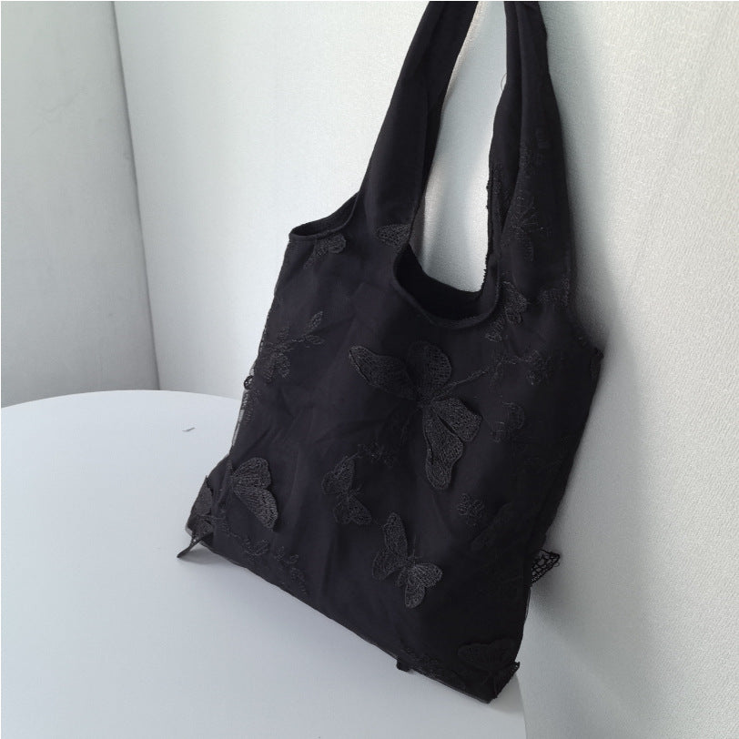 embroidered black butterfly canvas bag lace womens artistic