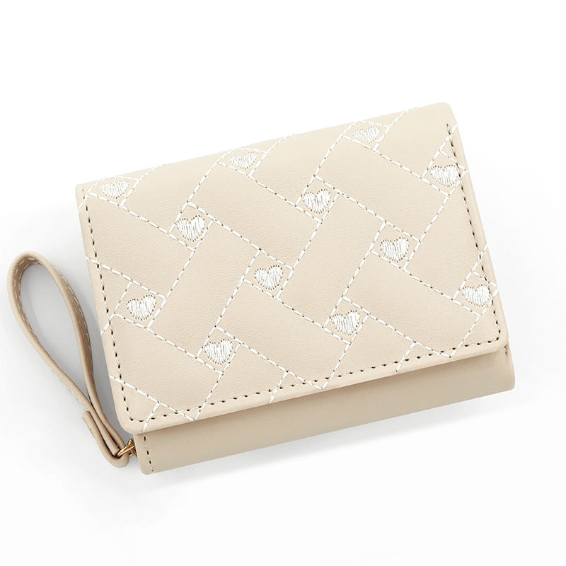 short and simple embroidered love heart multi card slots wallet